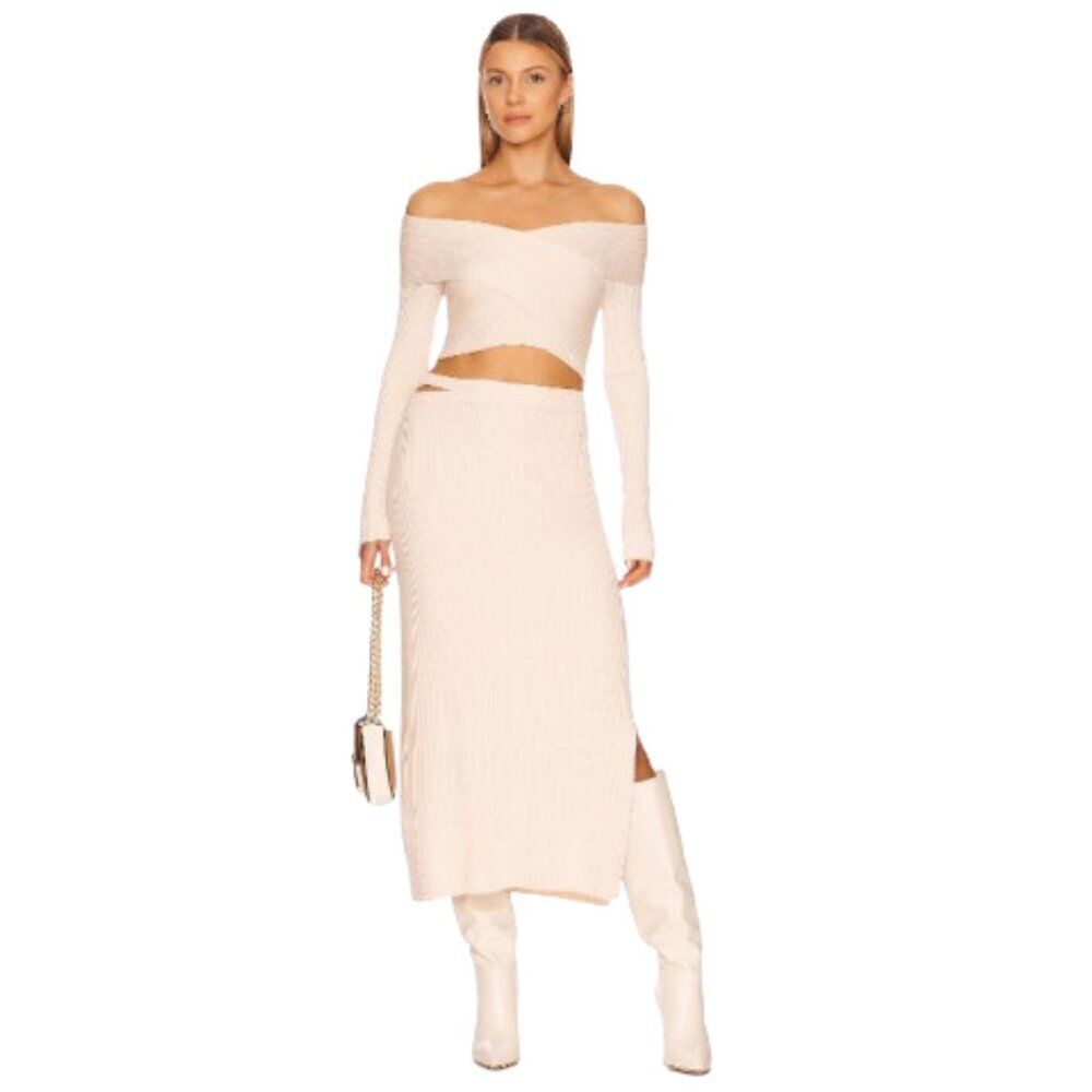 Jonathan Simkhai Standard Cream Ribbed Knit Archie Cutout Midi Skirt Size Small